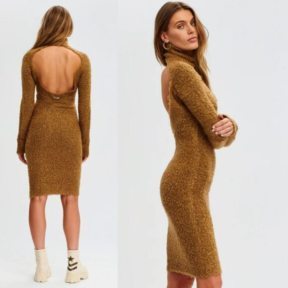 NEW Ser.O.Ya Brown Starling Boucle Dress Turtleneck Teddy Open Back Long Sleeve - Picture 4 of 4